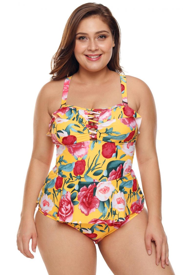 Brigitte Women's Plus Size Floral Print Crisscross Detail Teddy Swimsuit