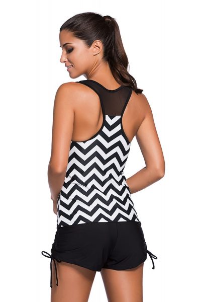 Chloe Women Black White Zigzag Print Mesh Splice 2pcs Tankini Swimsuit