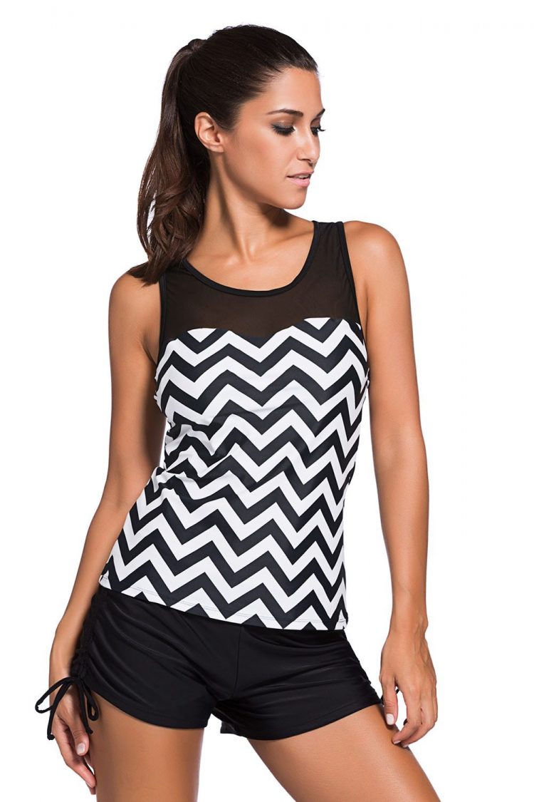 Chloe Women Black White Zigzag Print Mesh Splice 2pcs Tankini Swimsuit