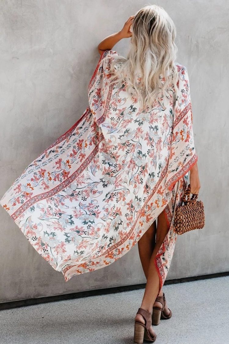 Claire Women Bohemian Floral Print Kimono White