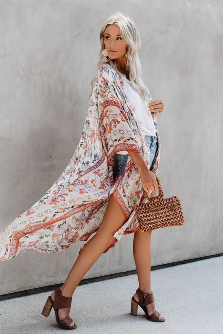 Claire Women Bohemian Floral Print Kimono White