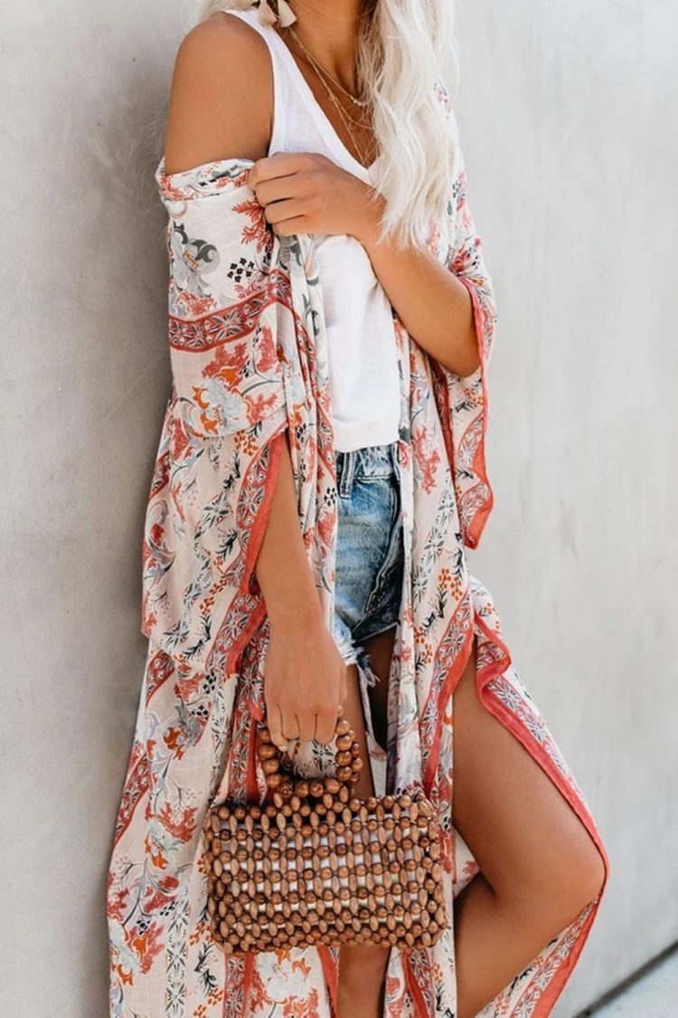 Claire Women Bohemian Floral Print Kimono White