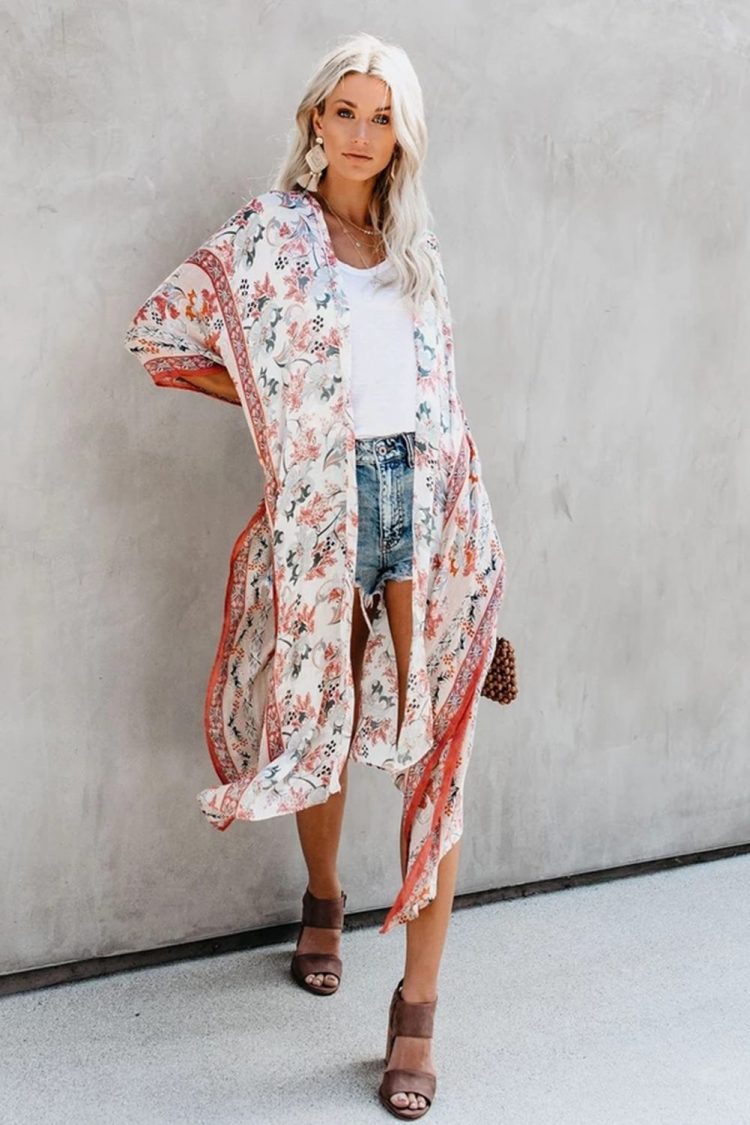 Claire Women Bohemian Floral Print Kimono White