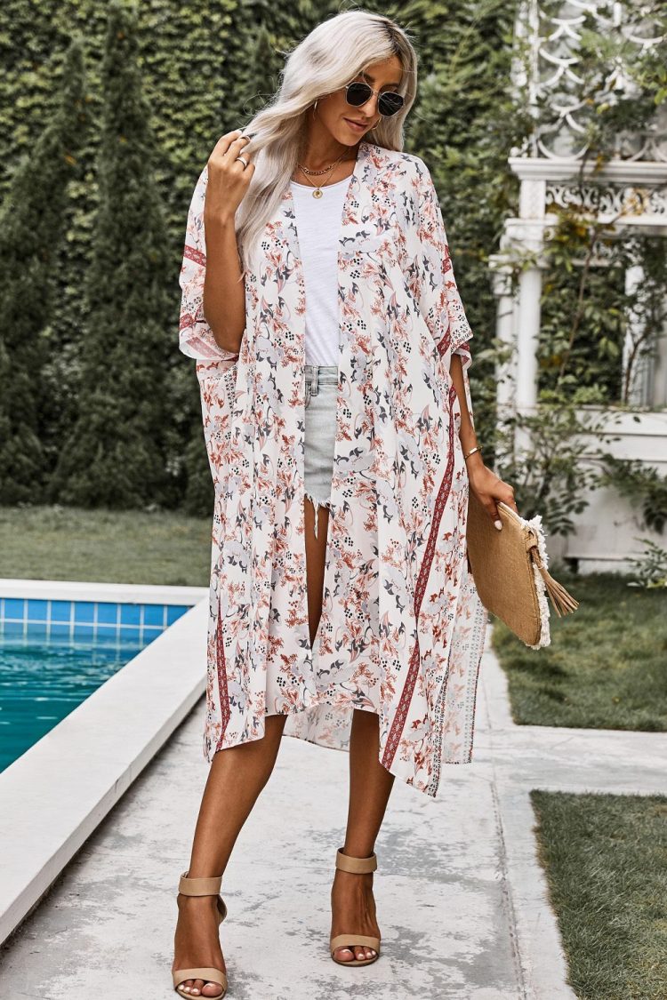 Claire Women Bohemian Floral Print Kimono White