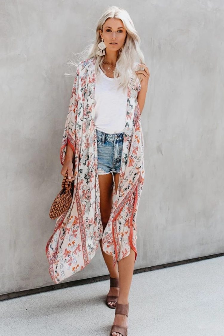 Claire Women Bohemian Floral Print Kimono White