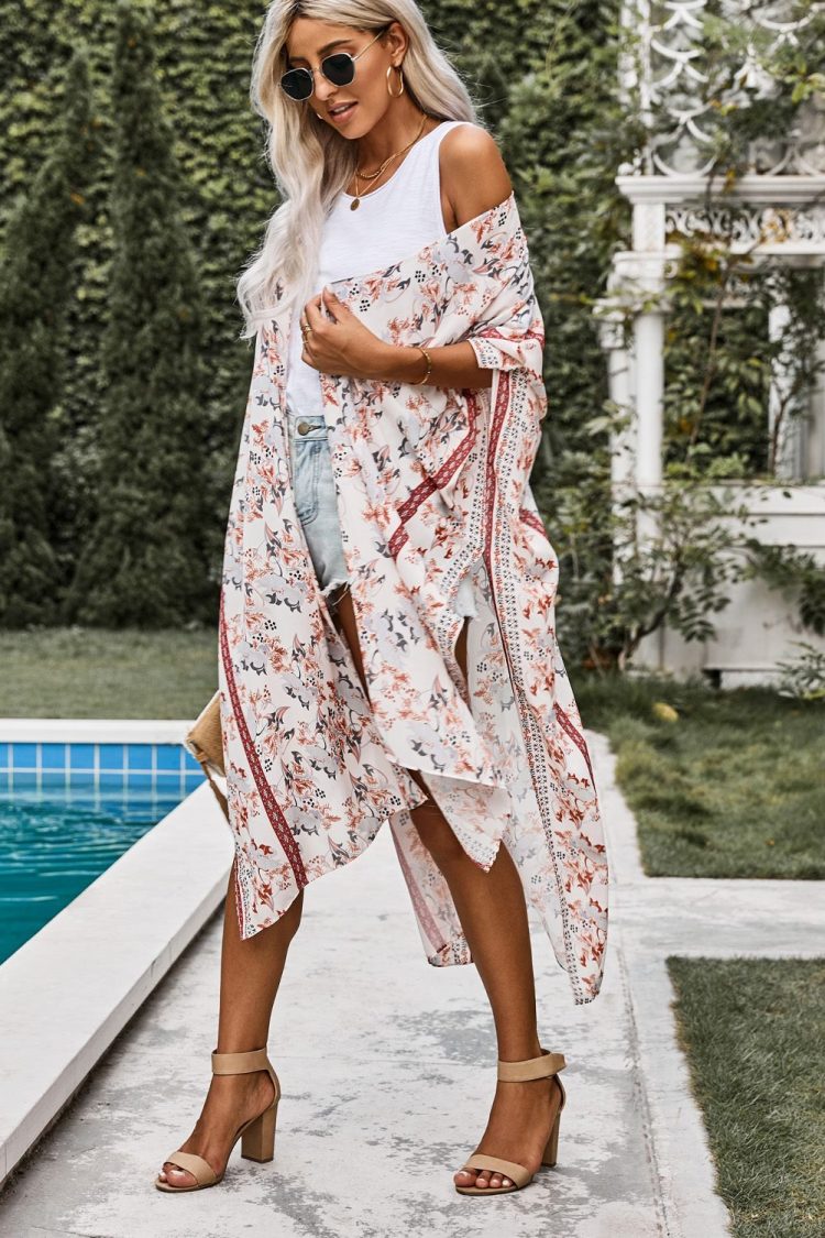 Claire Women Bohemian Floral Print Kimono White