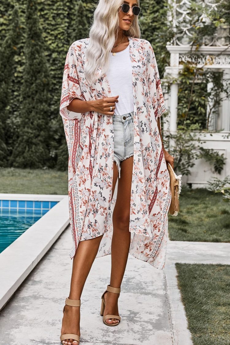 Claire Women Bohemian Floral Print Kimono White