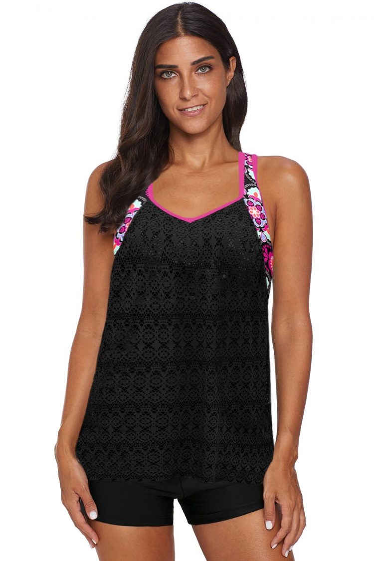 Greta Women's Printed Patchwork Vest Tankini Top Black