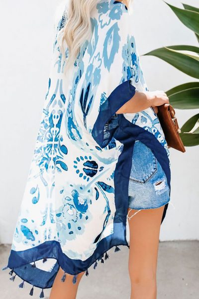 Marcie Bohemian Print Open Front Loose Kimono Beach Cover up Blue