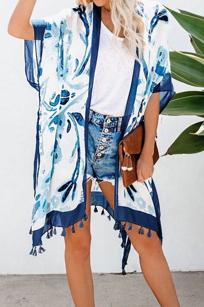 Marcie Bohemian Print Open Front Loose Kimono Beach Cover up Blue