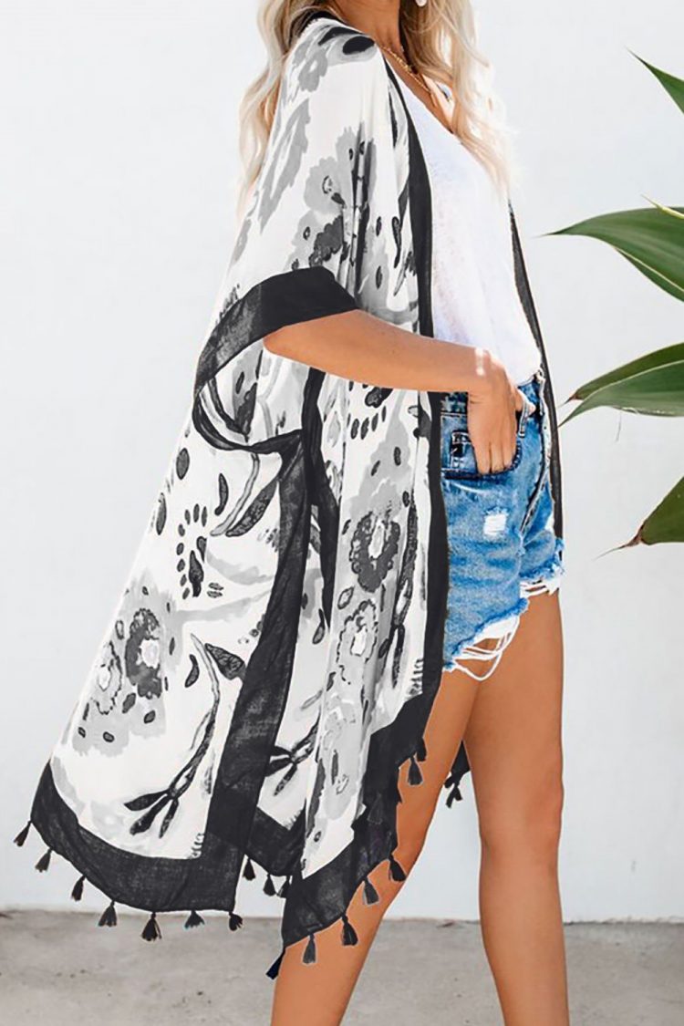 Marimekko Bohemian Print Open Front Loose Kimono Beach Cover up Black