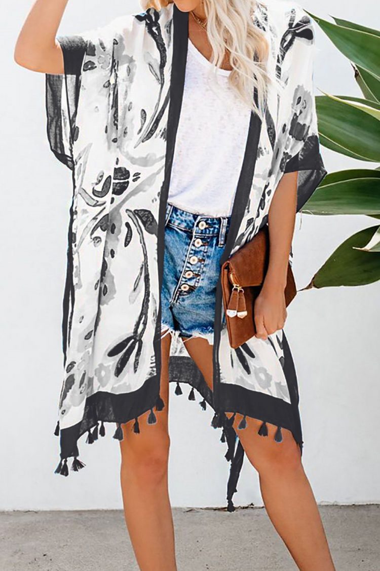 Marimekko Bohemian Print Open Front Loose Kimono Beach Cover up Black