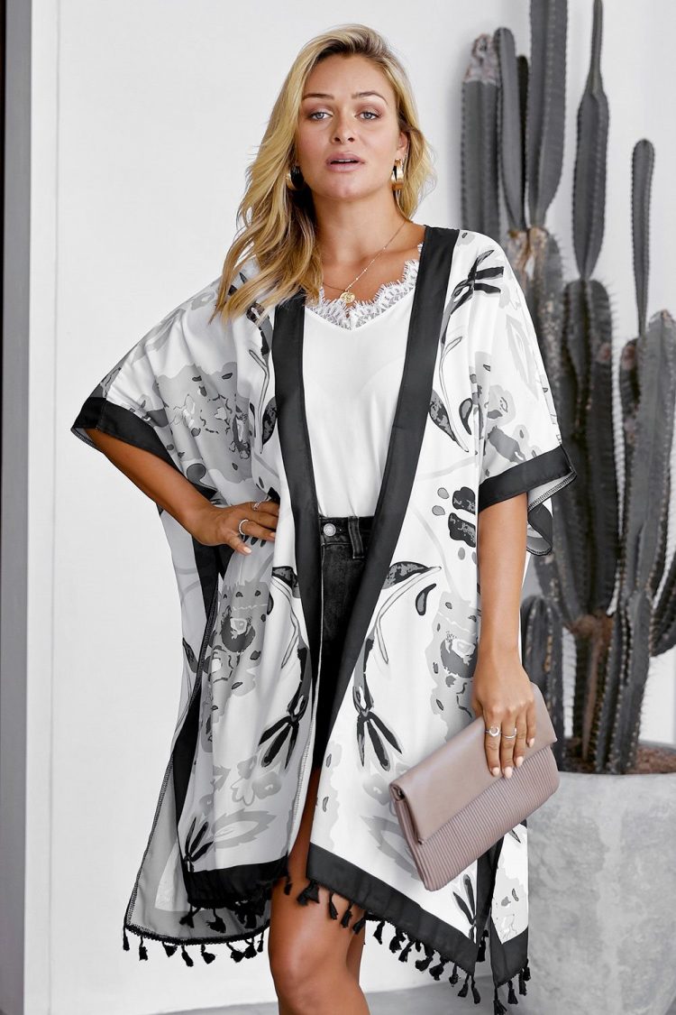 Marimekko Bohemian Print Open Front Loose Kimono Beach Cover up Black