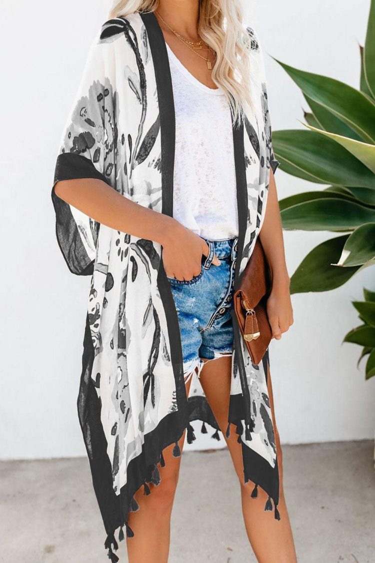 Marimekko Bohemian Print Open Front Loose Kimono Beach Cover up Black