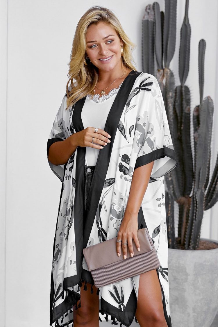 Marimekko Bohemian Print Open Front Loose Kimono Beach Cover up Black