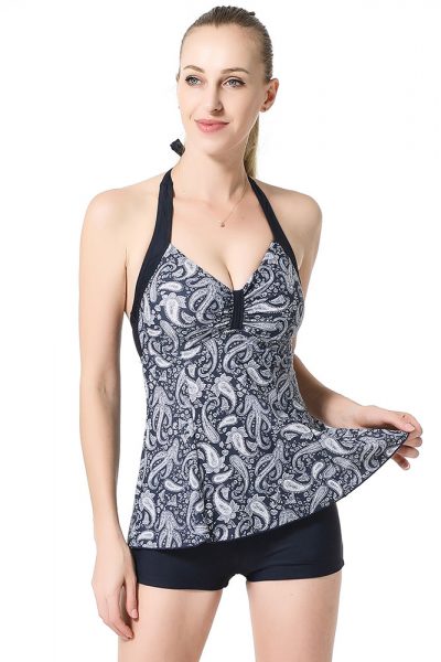 Aisha Womens Gray Print Halterneck Tankini with Boyshorts