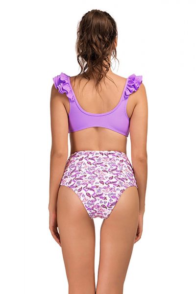 Bess Women's Ruffled Shoulder Printed Bottom High Waist Bikini