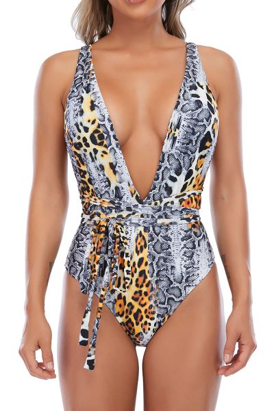 Eileen Women Halter V Neck Plunge High Cut One-Piece Swimsuits Leopard