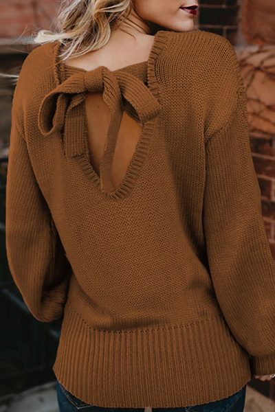 Ada Women Brown Hollow-out Back Sweater with Tie