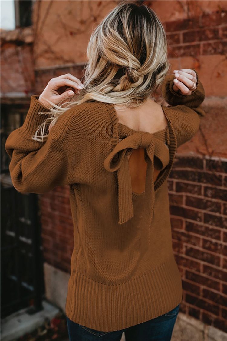 Ada Women Brown Hollow-out Back Sweater with Tie