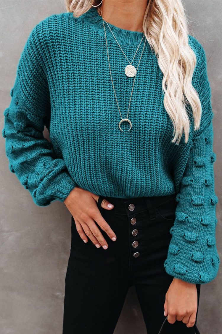 Emma Women Green Bubble Sleeve Cropped Knit Sweater