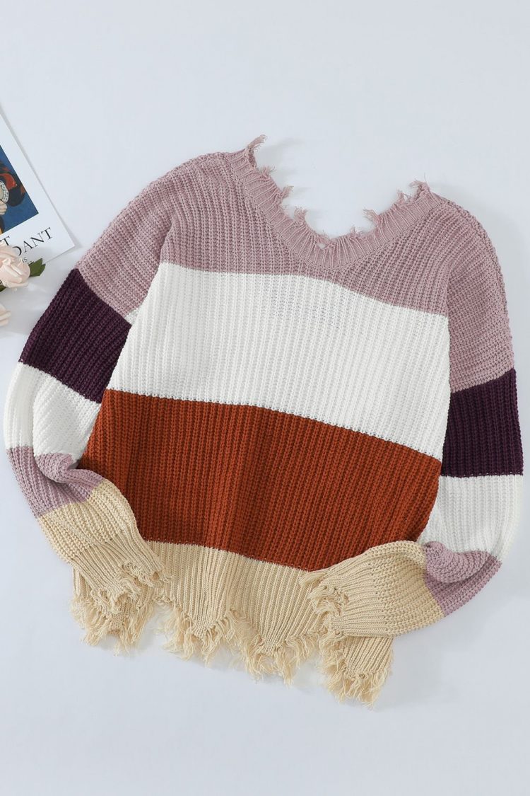 Jessica Women Colorblock Distressed Sweater