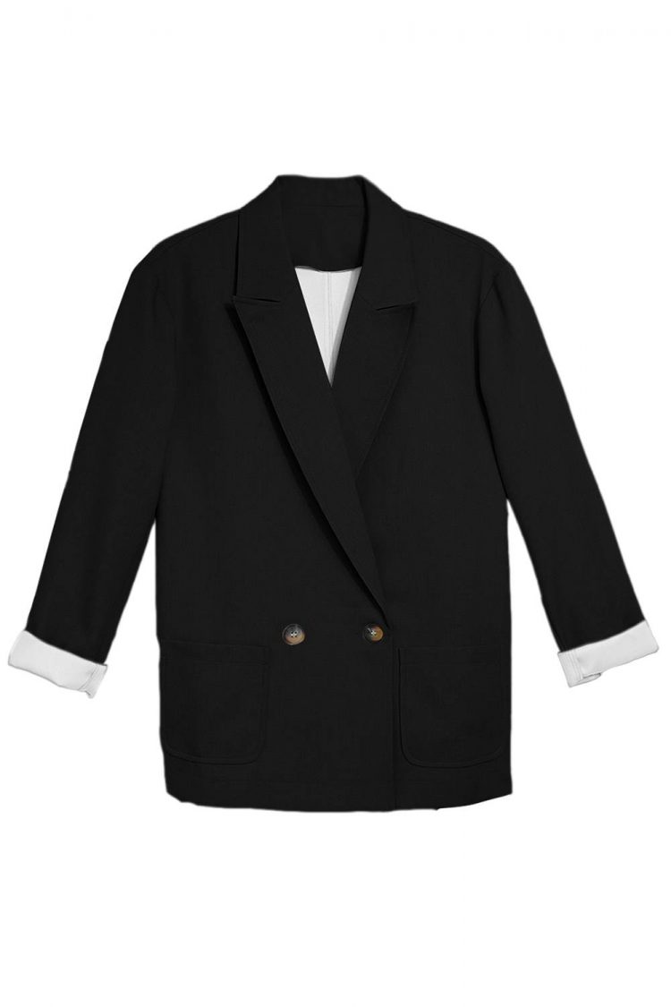 Nissa Women's Black Buttoned Lapel Collar Blazer with Pocket