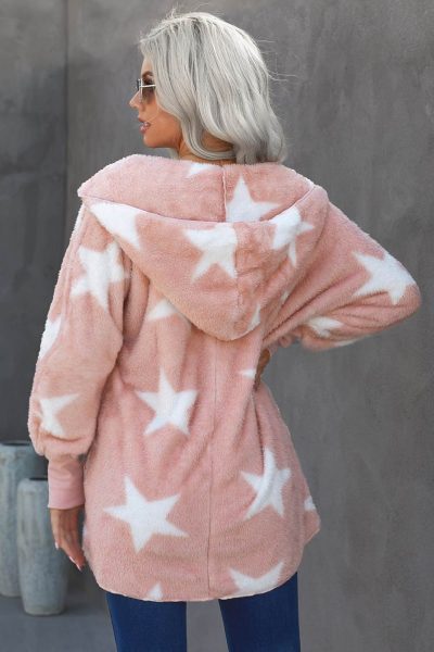 Nita Women Lapel Collar Scatter Star Fuzzy Coat Pink