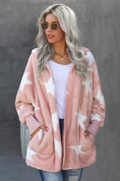 Nita Women Lapel Collar Scatter Star Fuzzy Coat Pink