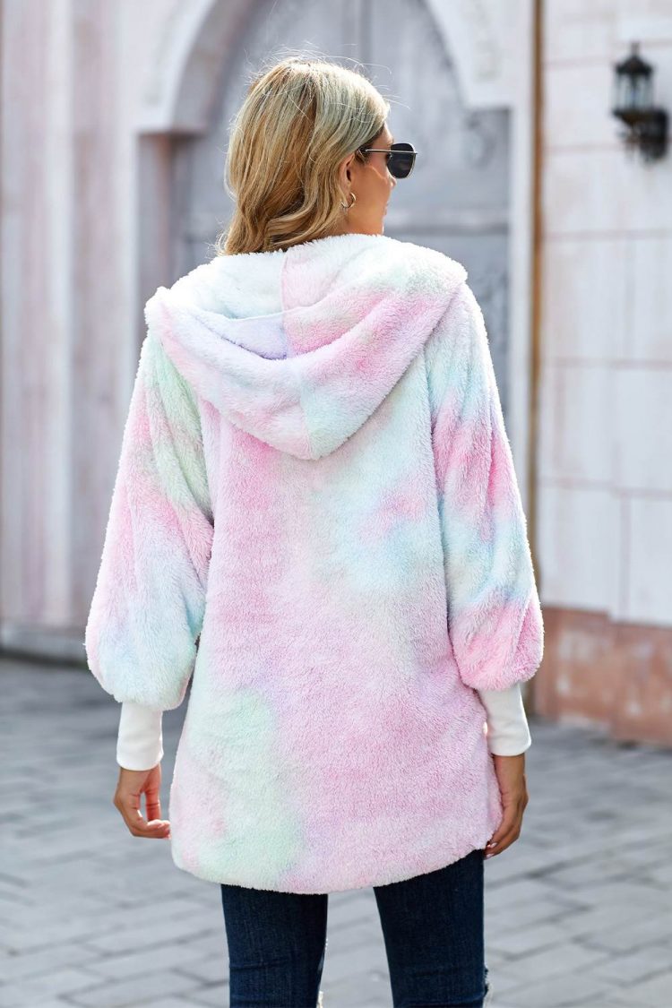 Nona Women Tie Dye Soft Fleece Hooded Open Front Coat Multicolor