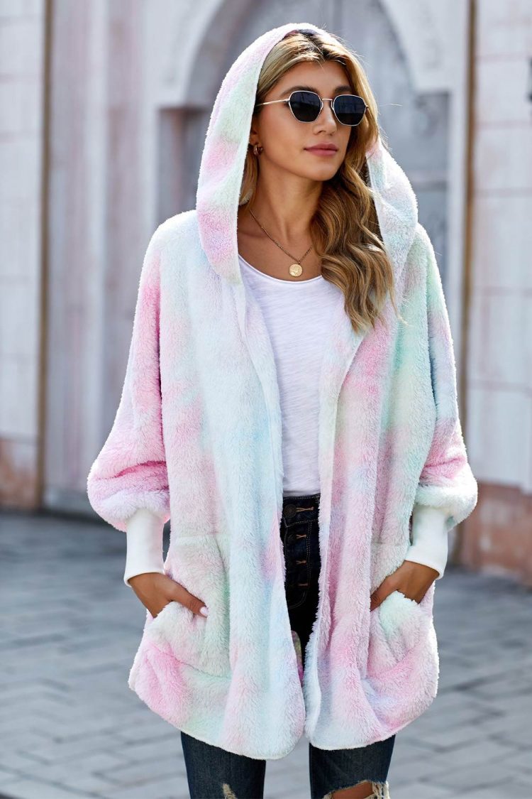 Nona Women Tie Dye Soft Fleece Hooded Open Front Coat Multicolor