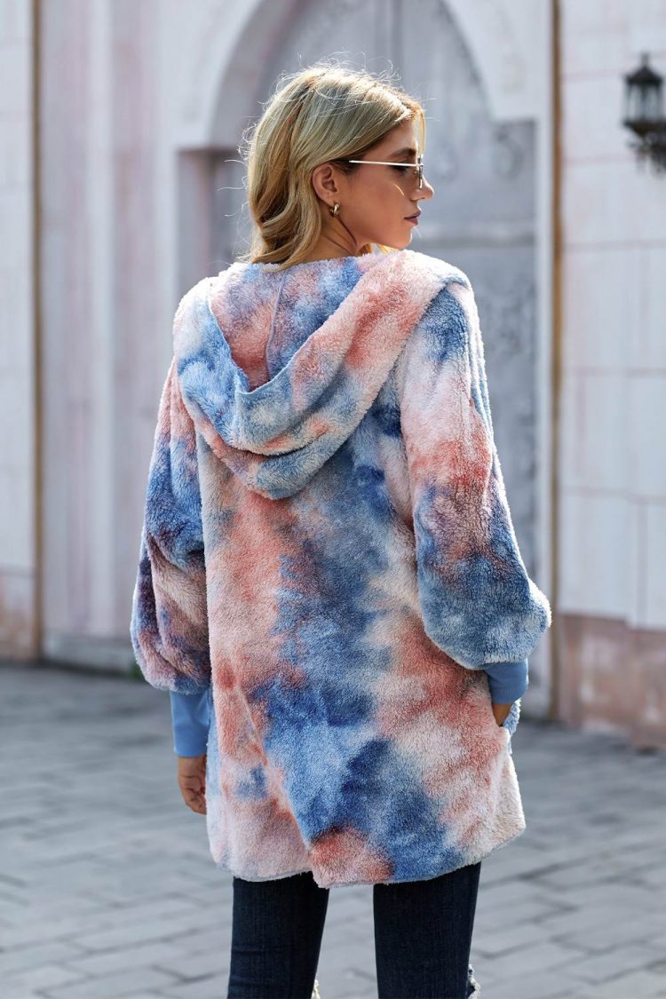 Nona Womens Tie Dye Soft Fleece Hooded Open Front Coat