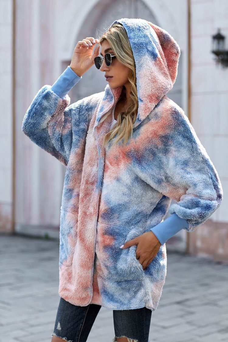 Nona Womens Tie Dye Soft Fleece Hooded Open Front Coat