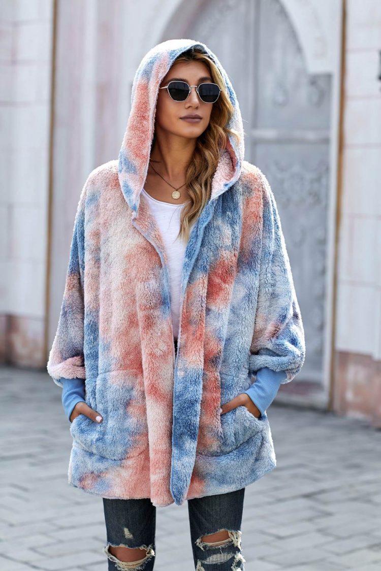 Nona Womens Tie Dye Soft Fleece Hooded Open Front Coat