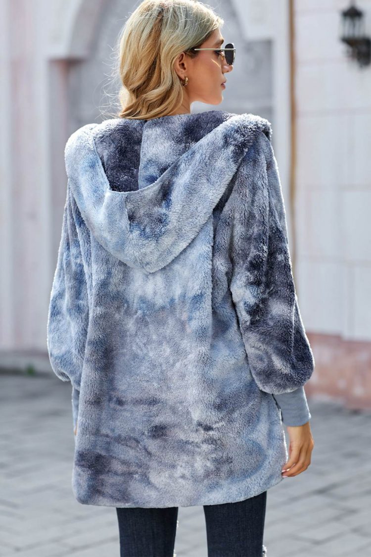 Nona Women's Tie Dye Soft Fleece Hooded Open Front Coat Blue