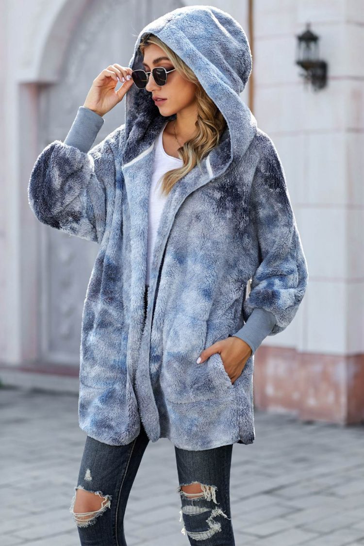 Nona Women's Tie Dye Soft Fleece Hooded Open Front Coat Blue