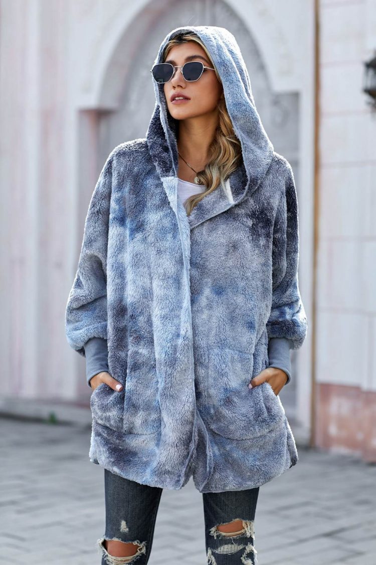 Nona Women's Tie Dye Soft Fleece Hooded Open Front Coat Blue