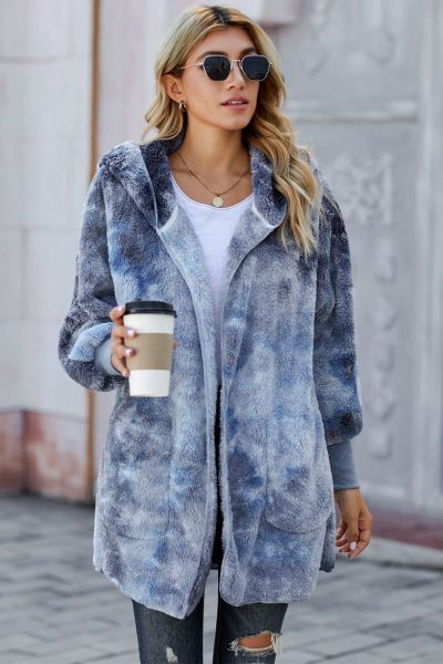 Nona Women's Tie Dye Soft Fleece Hooded Open Front Coat Blue