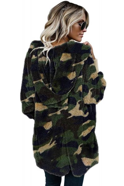 Nora Women's Green Camo Print Soft Fleece Hooded Open Front Coat