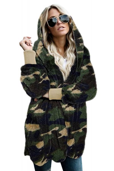 Nora Women's Green Camo Print Soft Fleece Hooded Open Front Coat