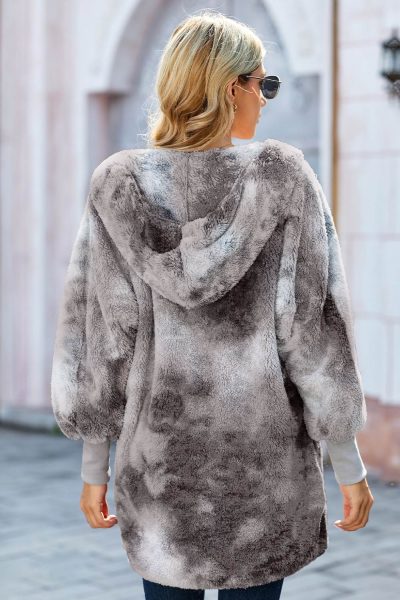 Nora Womens Tie Dye Soft Fleece Hooded Open Front Coat Gray