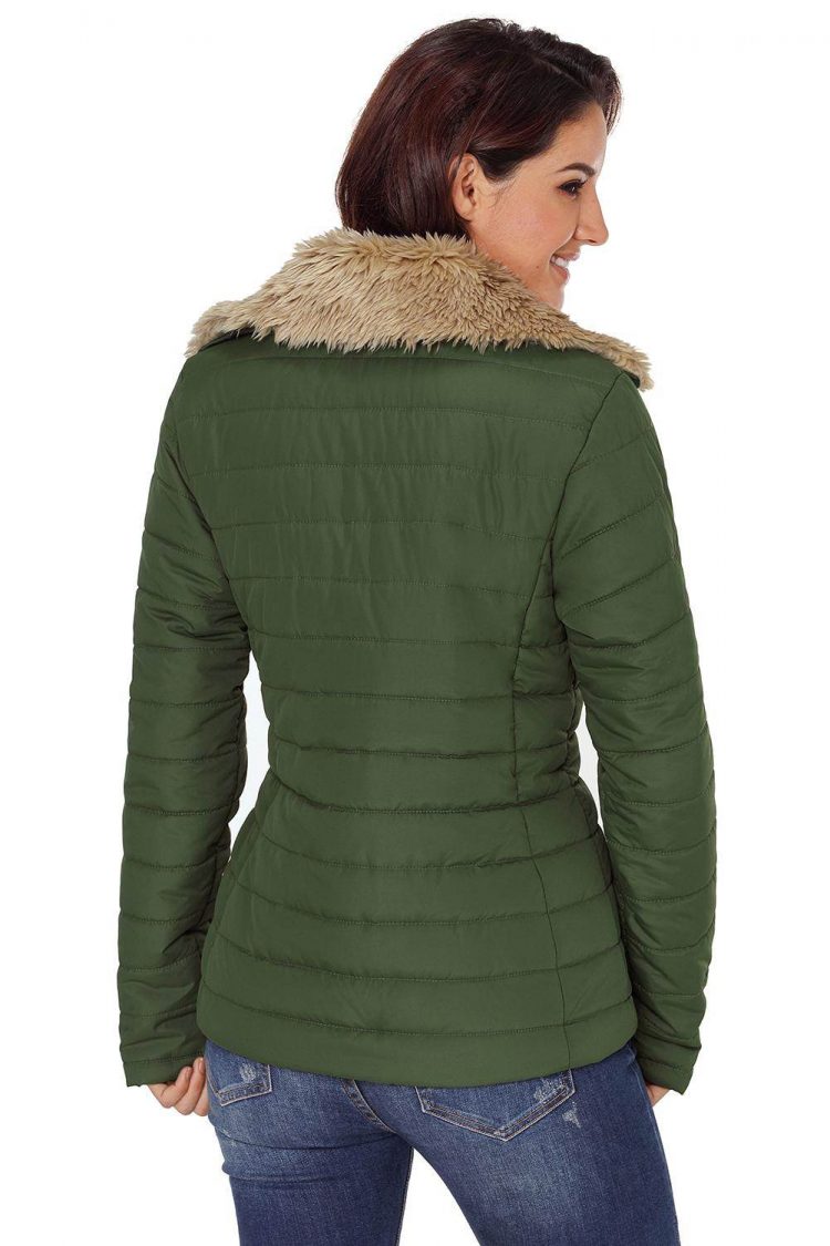 Nyako Women Faux Fur Collar Trim Black Quilted Jacket Army Green