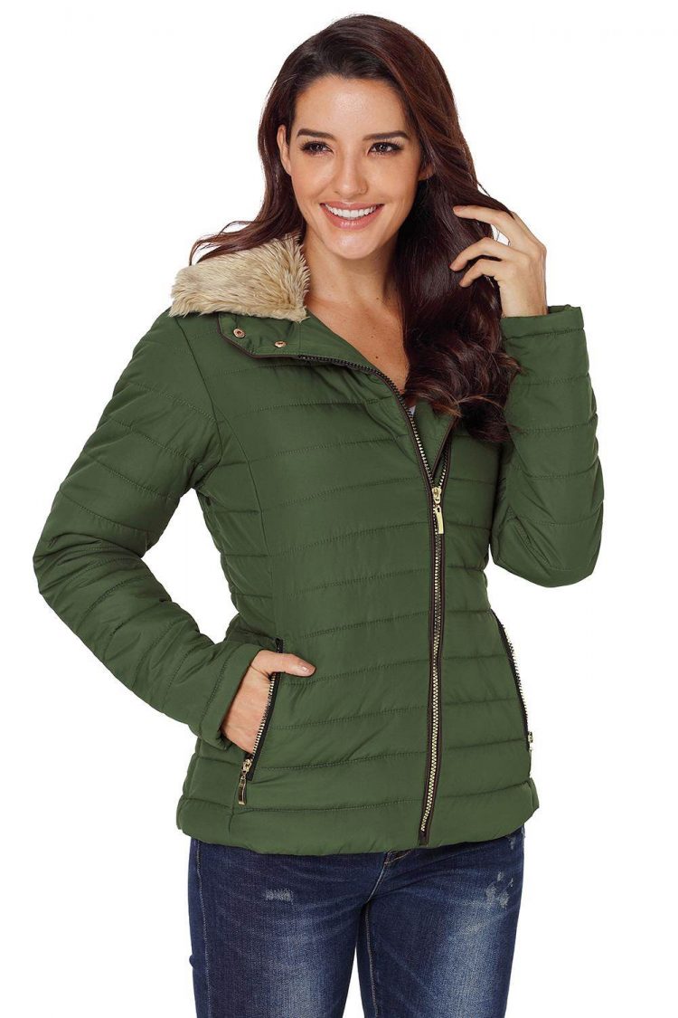 Nyako Women Faux Fur Collar Trim Black Quilted Jacket Army Green