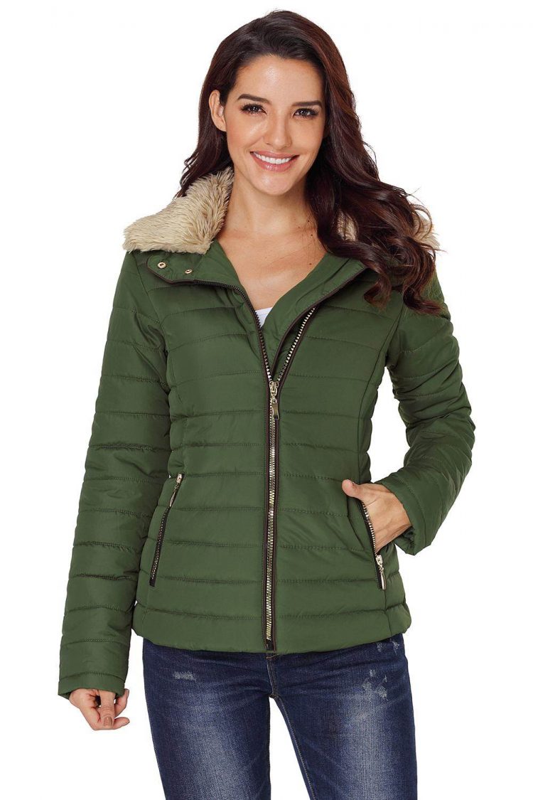 Nyako Women Faux Fur Collar Trim Black Quilted Jacket Army Green