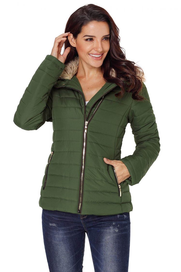 Nyako Women Faux Fur Collar Trim Black Quilted Jacket Army Green