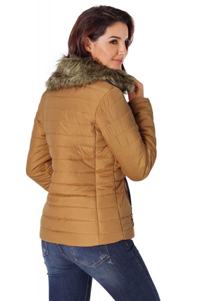 Nyako Womens Black Quilted Jacket Camel Faux Fur Collar Trim Yellow