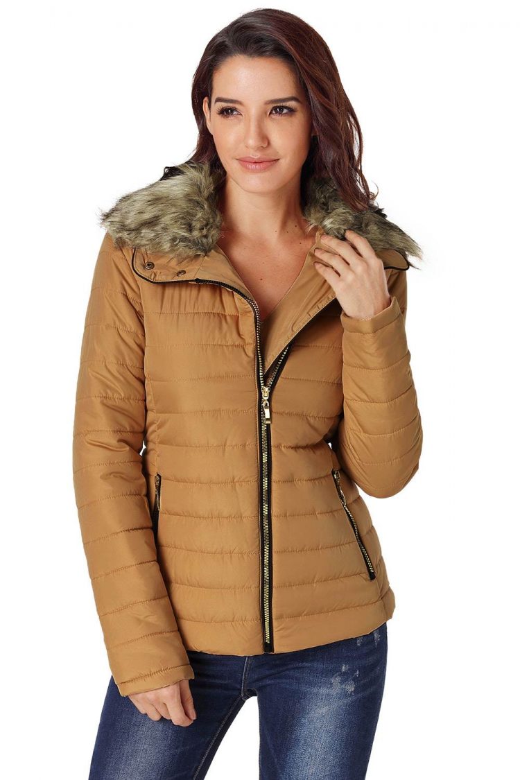 Nyako Womens Black Quilted Jacket Camel Faux Fur Collar Trim Yellow