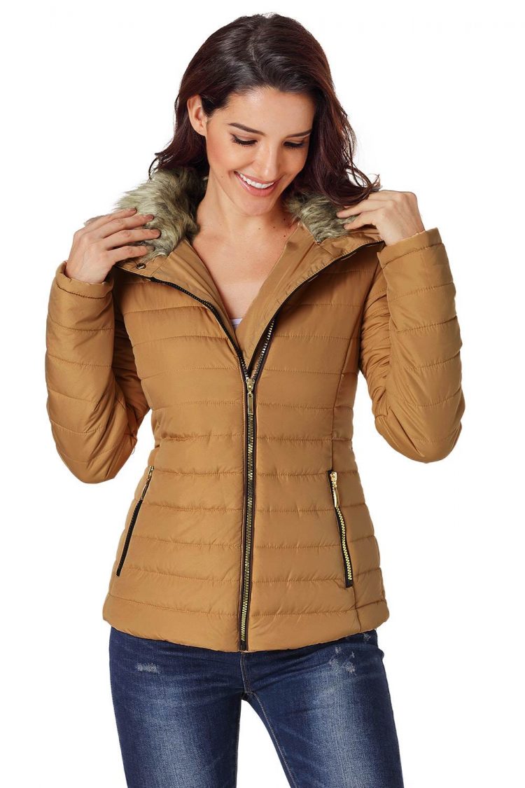 Nyako Womens Black Quilted Jacket Camel Faux Fur Collar Trim Yellow