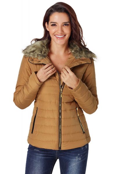 Nyako Womens Black Quilted Jacket Camel Faux Fur Collar Trim Yellow