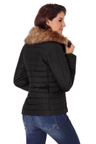 Nyako Women's Faux Fur Collar Trim Black Quilted Jacket